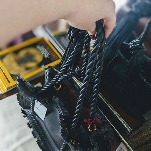VALENTINO The Rope black fringe leather braided rope handle tote bag/Medium - Picture 7 of 14